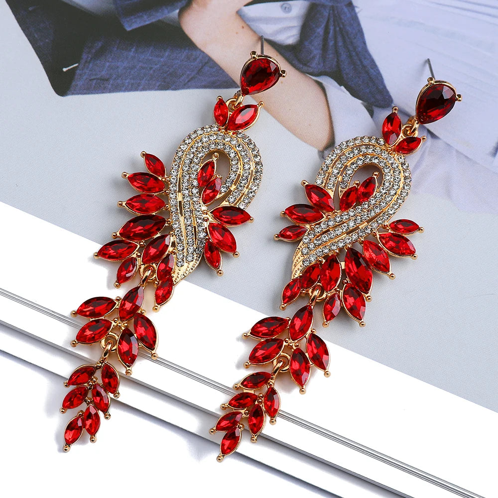 Girl Luxury Elegant Metal Hollow Chain Leaves Crystal Earrings