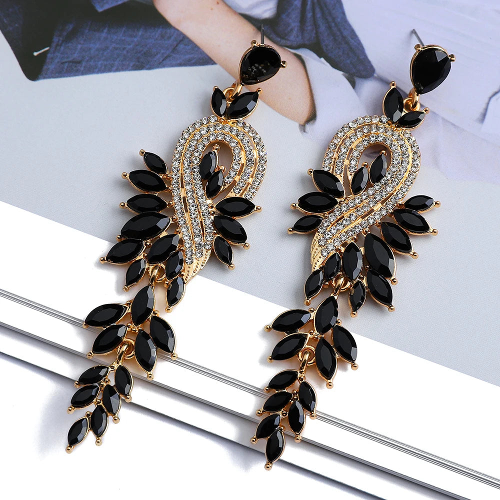 Girl Luxury Elegant Metal Hollow Chain Leaves Crystal Earrings