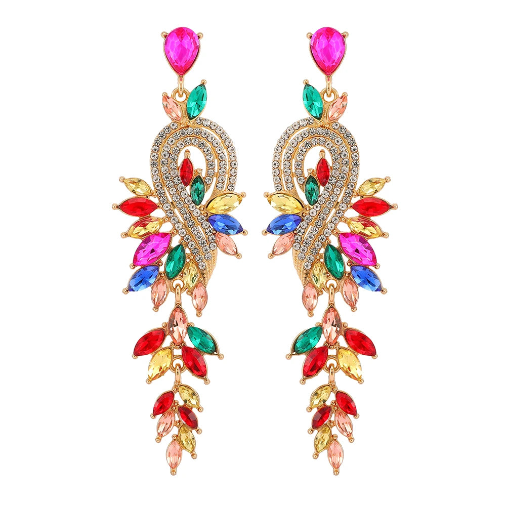 Girl Luxury Elegant Metal Hollow Chain Leaves Crystal Earrings