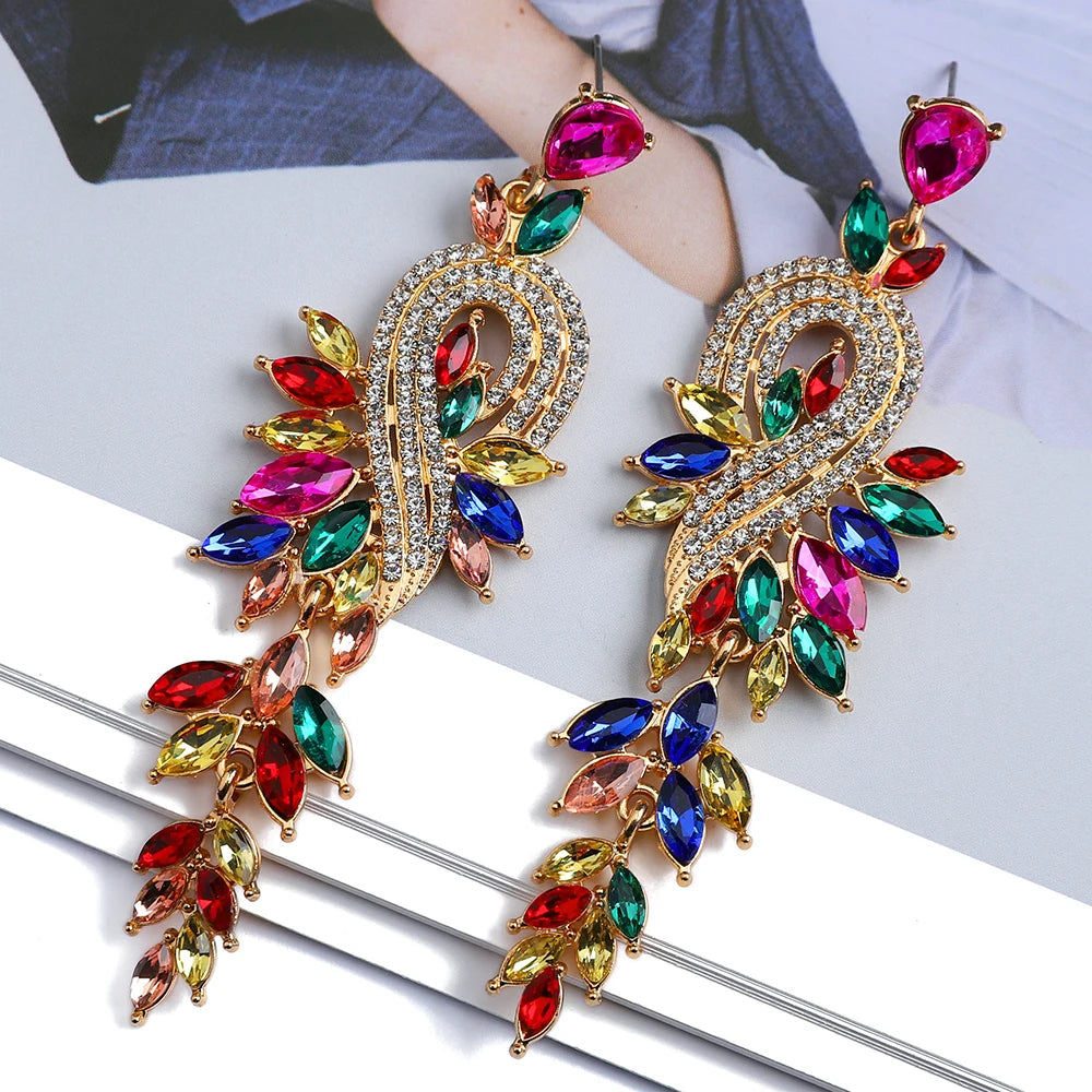 Girl Luxury Elegant Metal Hollow Chain Leaves Crystal Earrings