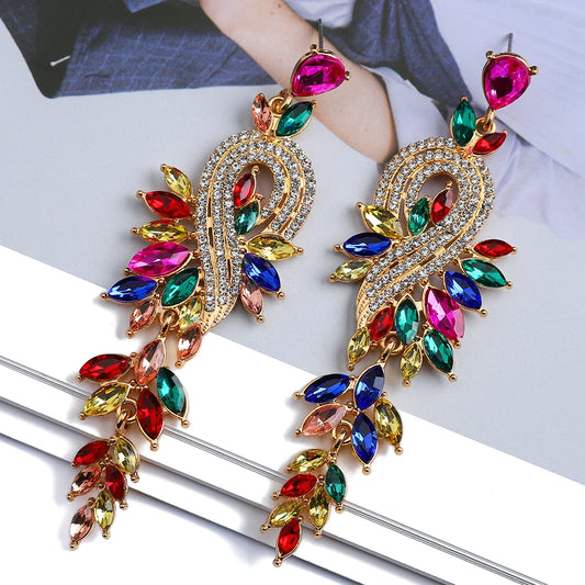 Girl Luxury Elegant Metal Hollow Chain Leaves Crystal Earrings