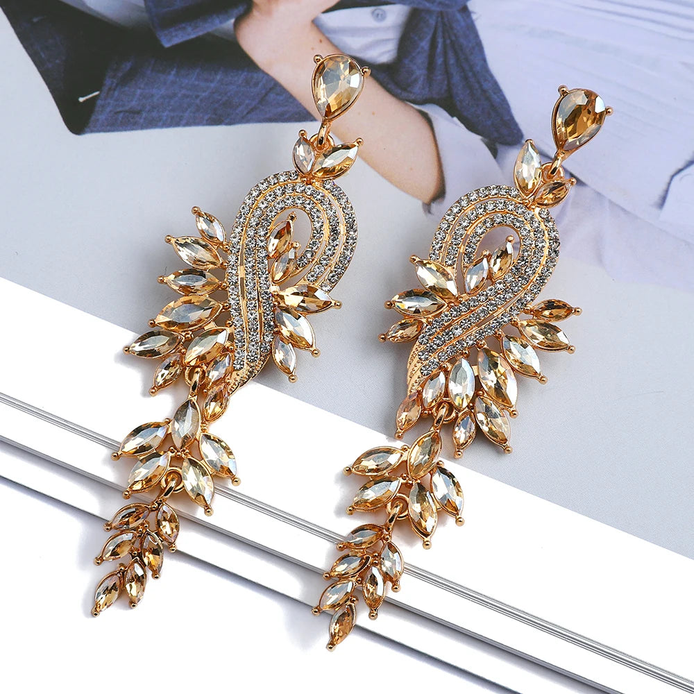 Girl Luxury Elegant Metal Hollow Chain Leaves Crystal Earrings