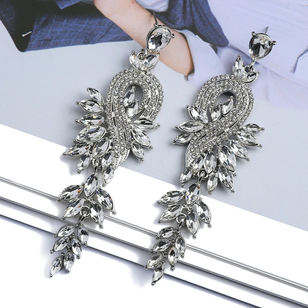 Girl Luxury Elegant Metal Hollow Chain Leaves Crystal Earrings