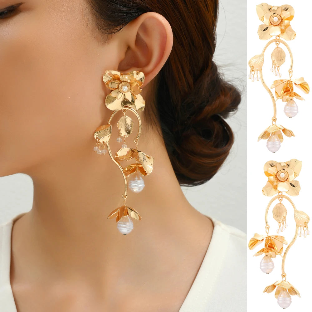 Gold Color Flower & Pearl Dangle Earrings - Fanci Goddess