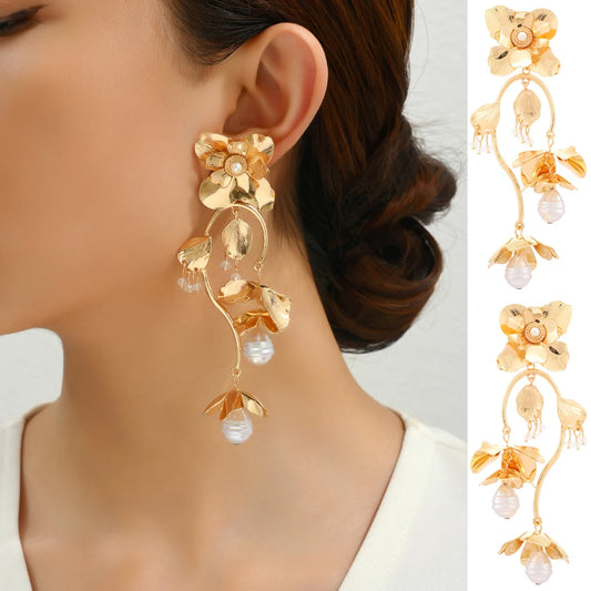 Gold Color Flower & Pearl Dangle Earrings