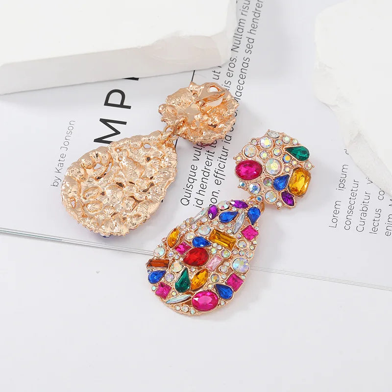 Luxury Exaggerated Colorful Crystal Teardrop Clip on Earrings