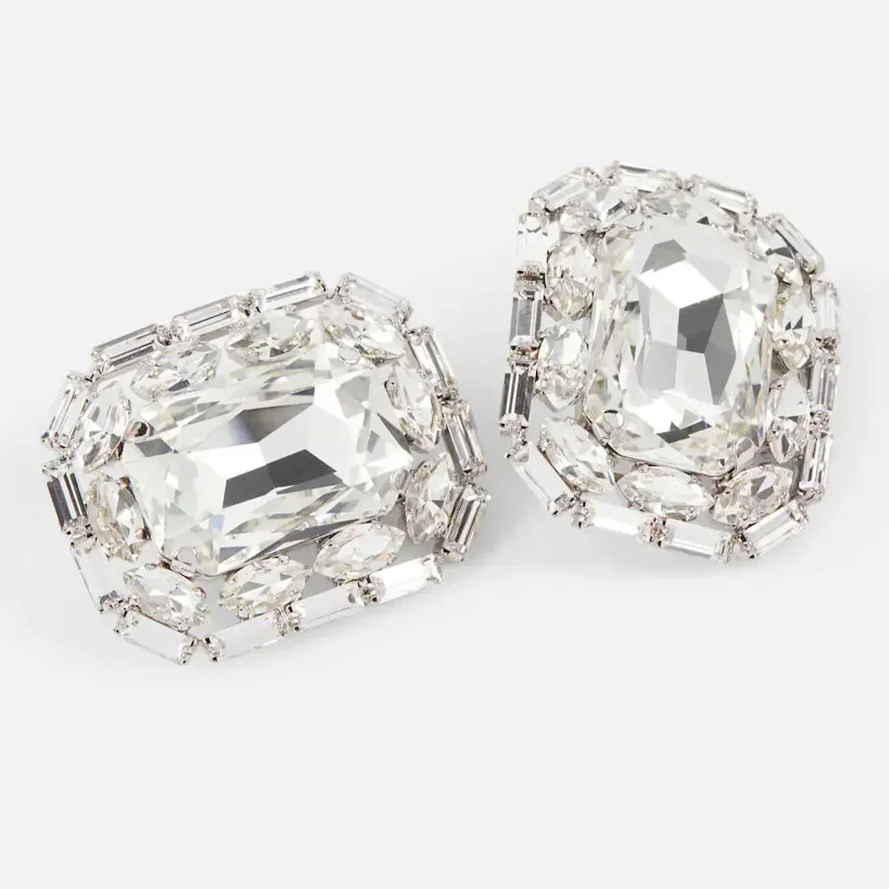 Clip on Elegant Imitation Gemstone Crystal Square Ear Stud Earrings - Fanci Goddess