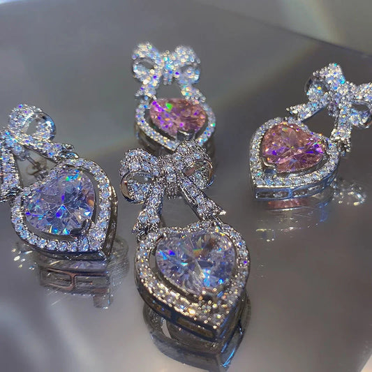 Exquisite Heart Shape Bowknot Stud Earrings