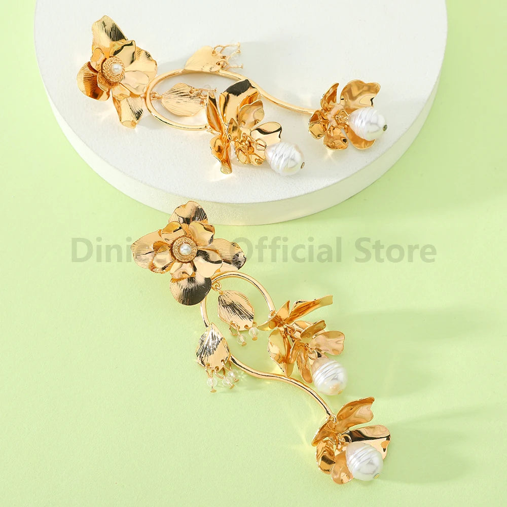 Gold Color Flower & Pearl Dangle Earrings - Fanci Goddess