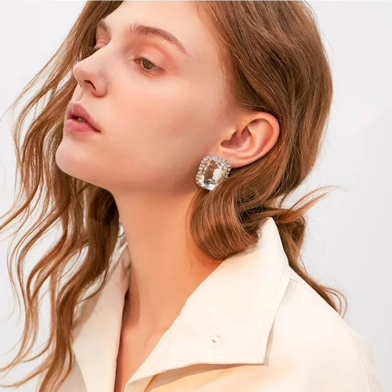 Clip on Elegant Imitation Gemstone Crystal Square Ear Stud Earrings