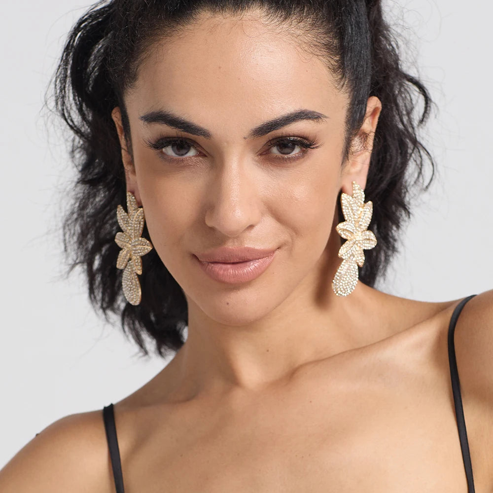 Stainless steel Gold Metal Flower Crystals Earrings