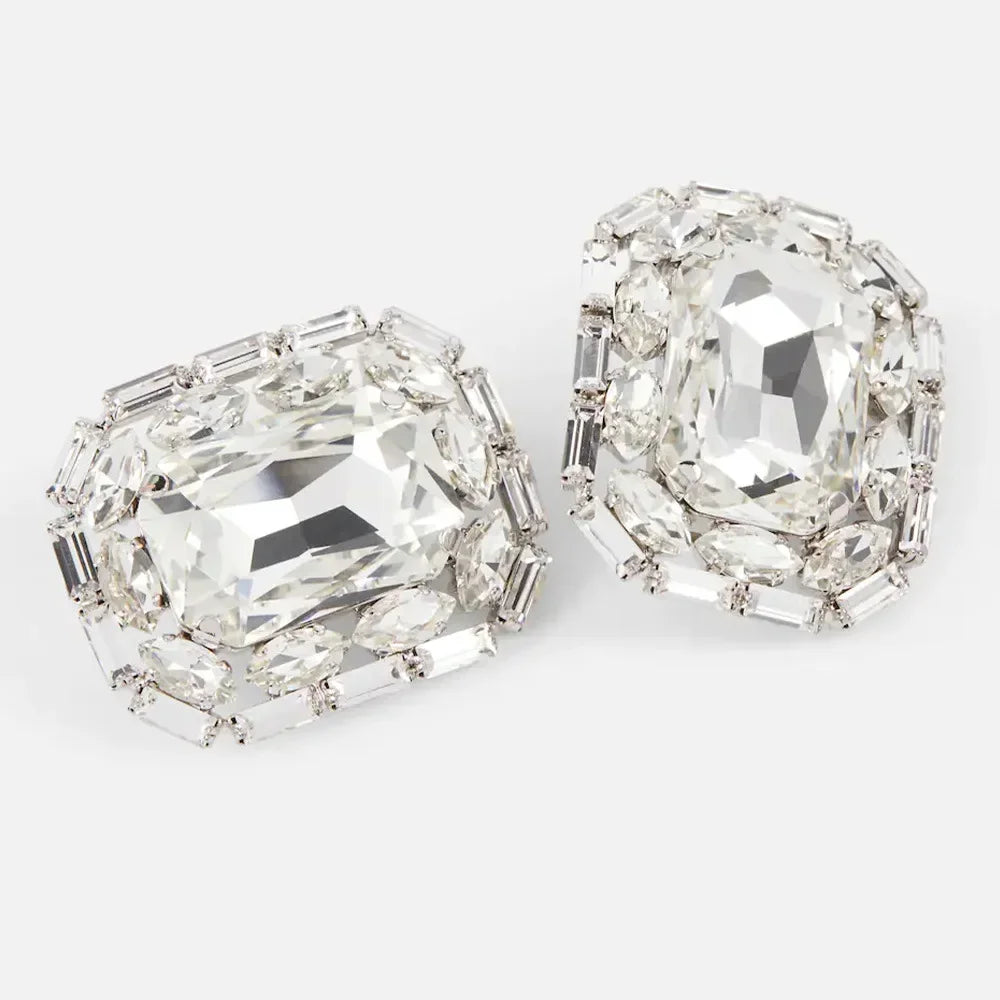 Clip on Elegant Imitation Gemstone Crystal Square Ear Stud Earrings