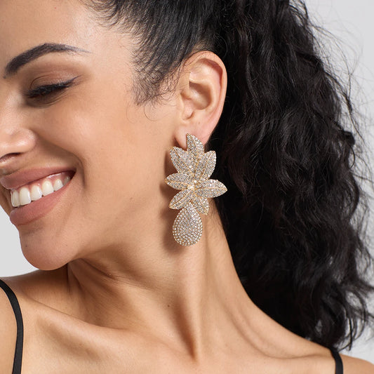 Stainless steel Gold Metal Flower Crystals Earrings