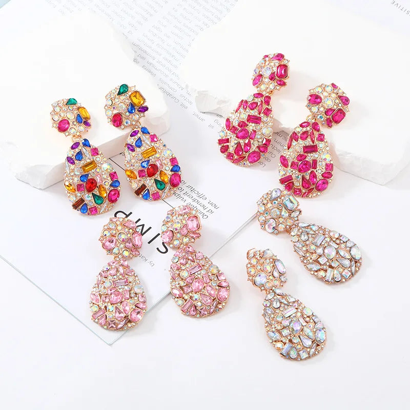 Luxury Exaggerated Colorful Crystal Teardrop Clip on Earrings - Fanci Goddess