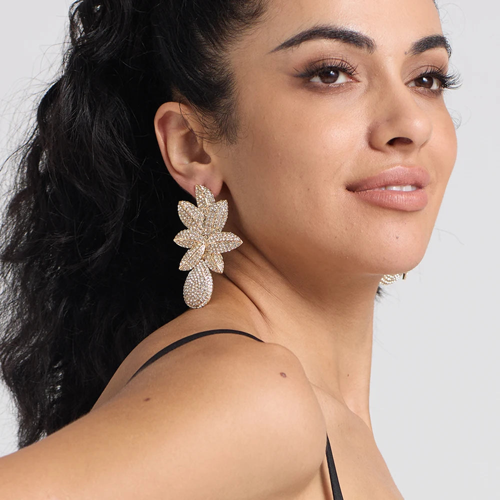 Stainless steel Gold Metal Flower Crystals Earrings