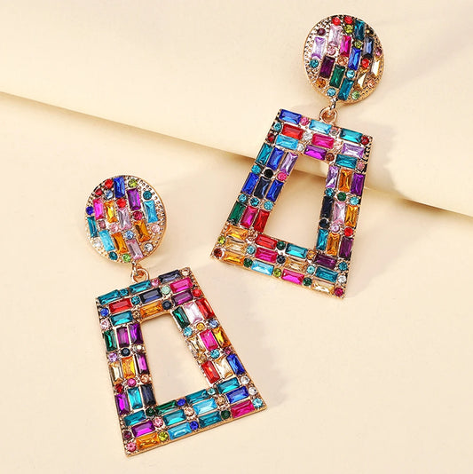 Hey Girl Trapezoid Full Shiny Colorful Rhinestone Earrings