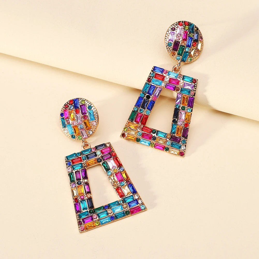 Hey Girl Trapezoid Full Shiny Colorful Rhinestone Earrings - Fanci Goddess