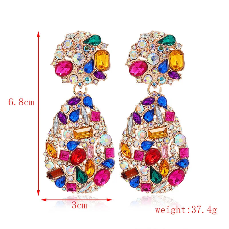 Luxury Exaggerated Colorful Crystal Teardrop Clip on Earrings