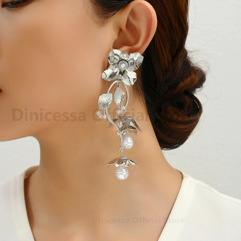 Gold Color Flower & Pearl Dangle Earrings - Fanci Goddess