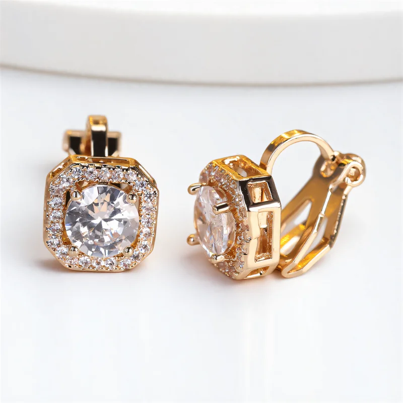 Trendy White Zircon Round Stone Clip on Earrings