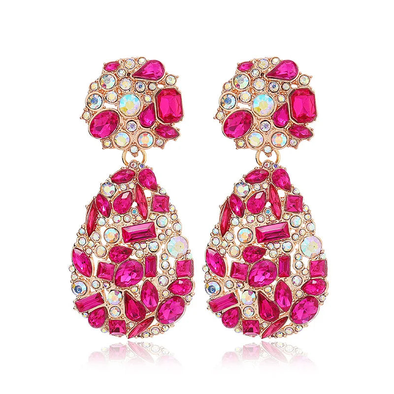 Luxury Exaggerated Colorful Crystal Teardrop Clip on Earrings