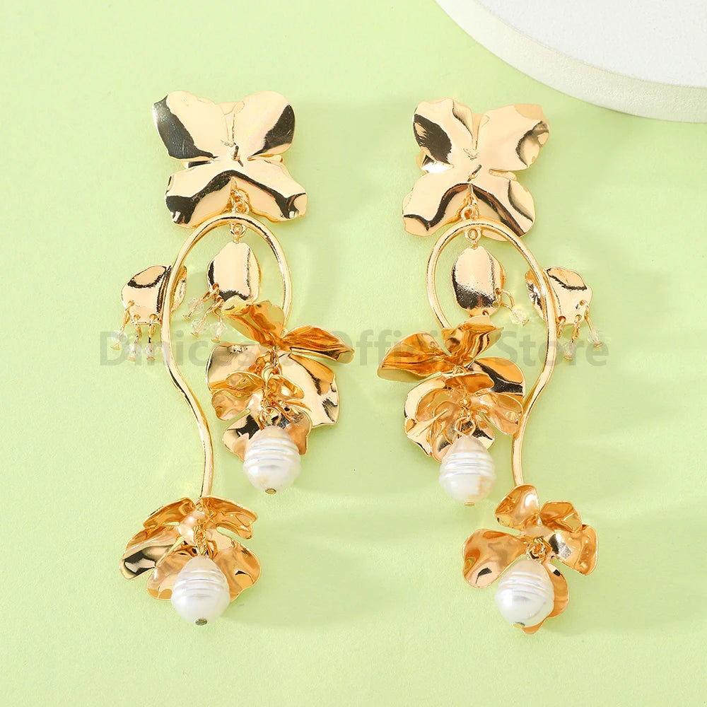 Gold Color Flower & Pearl Dangle Earrings - Fanci Goddess