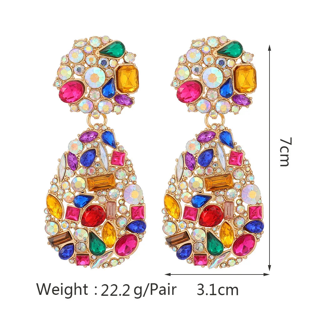 Luxury Exaggerated Colorful Crystal Teardrop Clip on Earrings