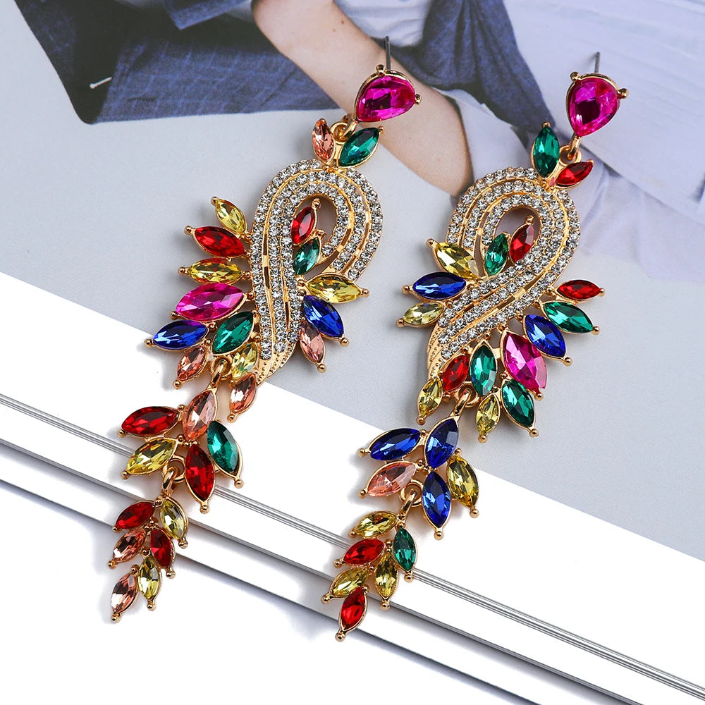 Girl Luxury Elegant Metal Hollow Chain Leaves Crystal Earrings