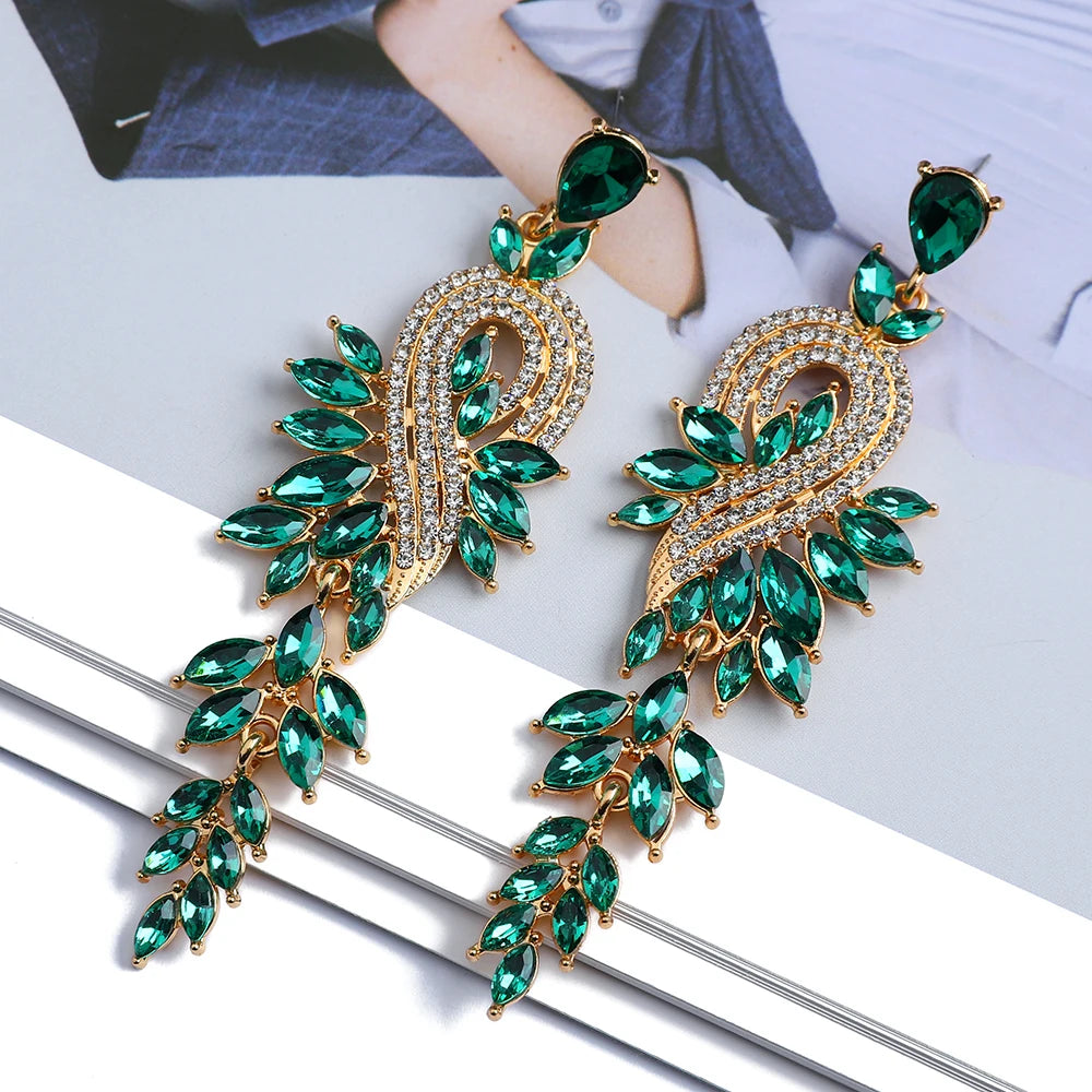 Girl Luxury Elegant Metal Hollow Chain Leaves Crystal Earrings