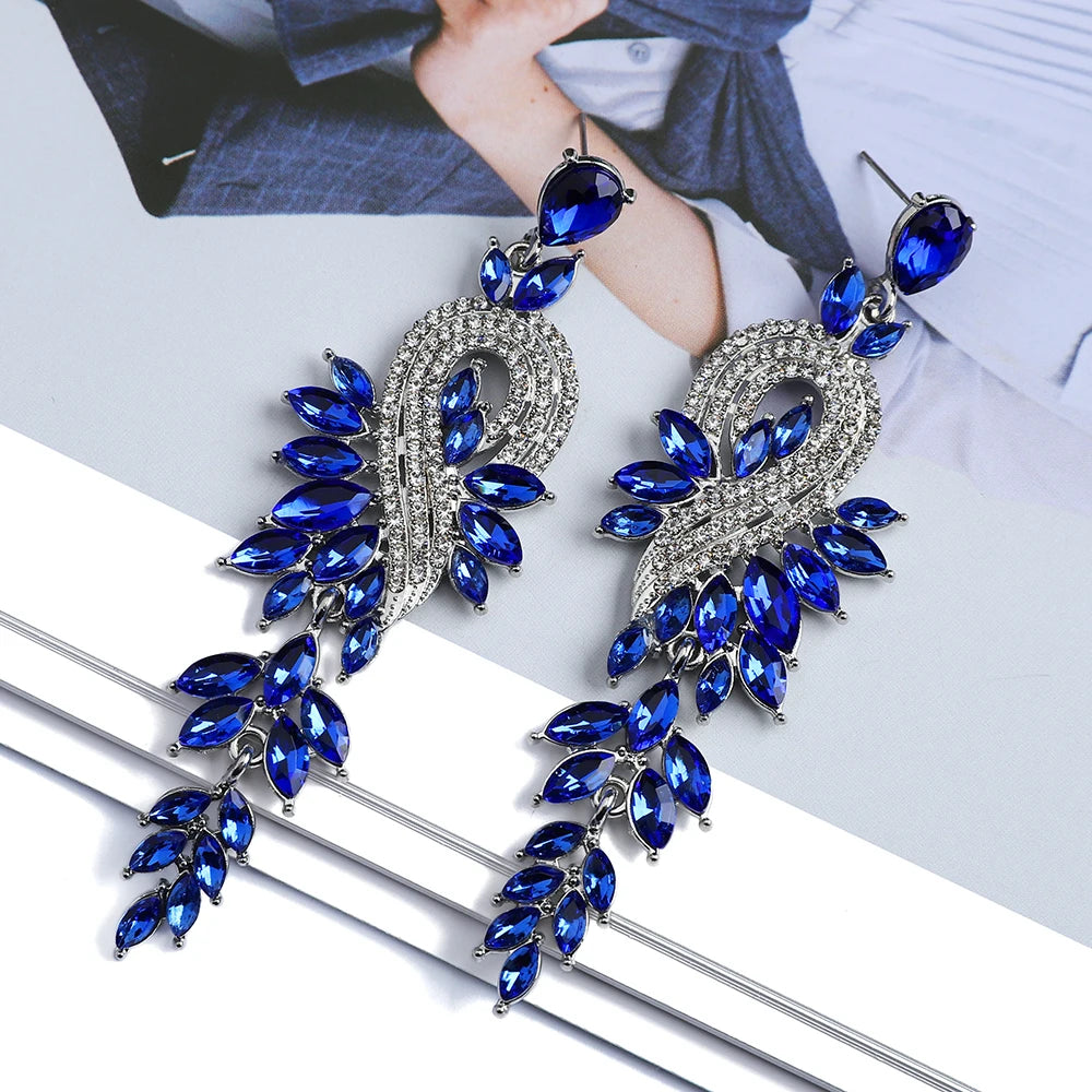 Girl Luxury Elegant Metal Hollow Chain Leaves Crystal Earrings