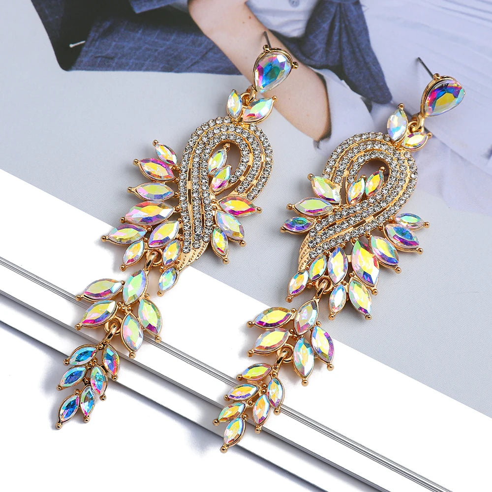Girl Luxury Elegant Metal Hollow Chain Leaves Crystal Earrings - Fanci Goddess