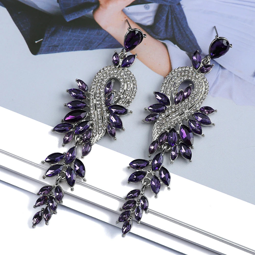 Girl Luxury Elegant Metal Hollow Chain Leaves Crystal Earrings