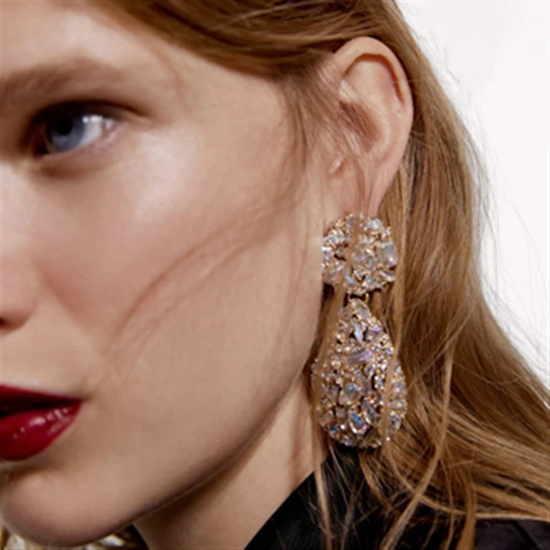 Luxury Exaggerated Colorful Crystal Teardrop Clip on Earrings