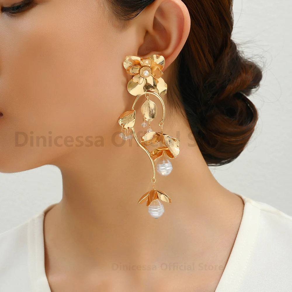 Gold Color Flower &amp; Pearl Dangle Earrings - Fanci Goddess