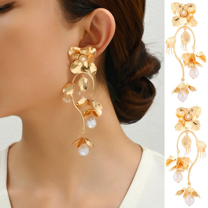 Gold Color Flower &amp; Pearl Dangle Earrings - Fanci Goddess