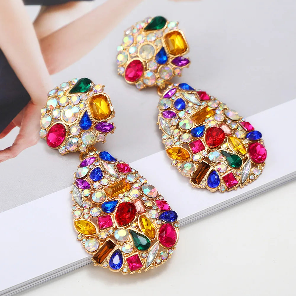 Luxury Exaggerated Colorful Crystal Teardrop Clip on Earrings