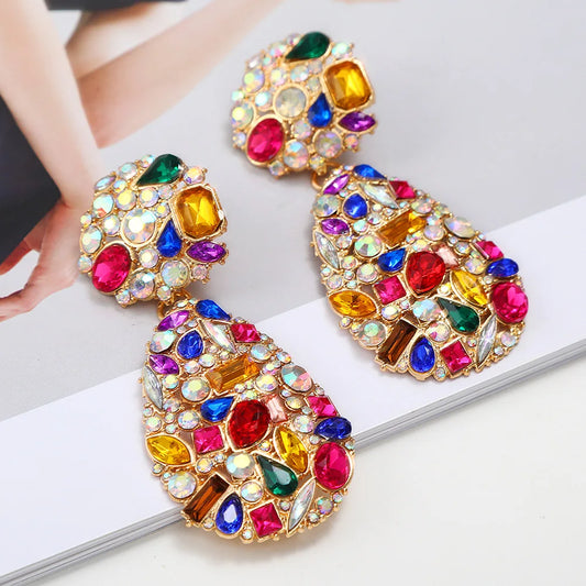 Luxury Exaggerated Colorful Crystal Teardrop Clip on Earrings