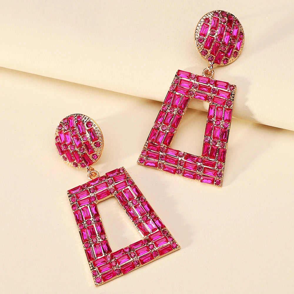 Hey Girl Trapezoid Full Shiny Colorful Rhinestone Earrings - Fanci Goddess