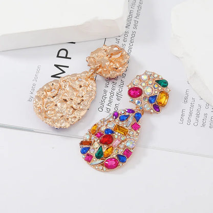Luxury Exaggerated Colorful Crystal Teardrop Clip on Earrings - Fanci Goddess