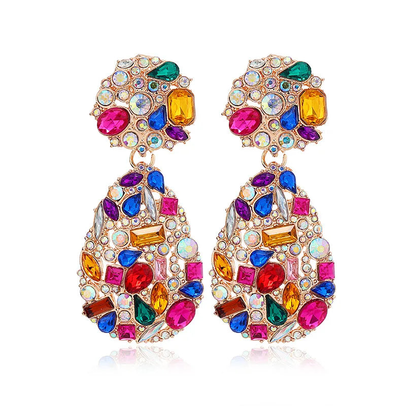 Luxury Exaggerated Colorful Crystal Teardrop Clip on Earrings