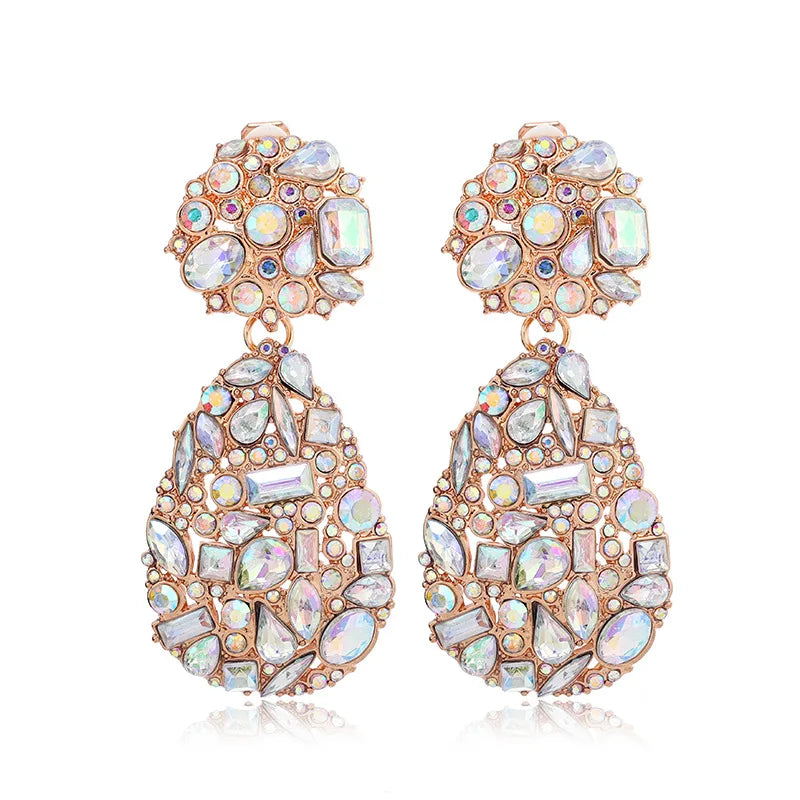 Luxury Exaggerated Colorful Crystal Teardrop Clip on Earrings
