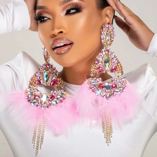 Pink Feather Exaggerate Earrings