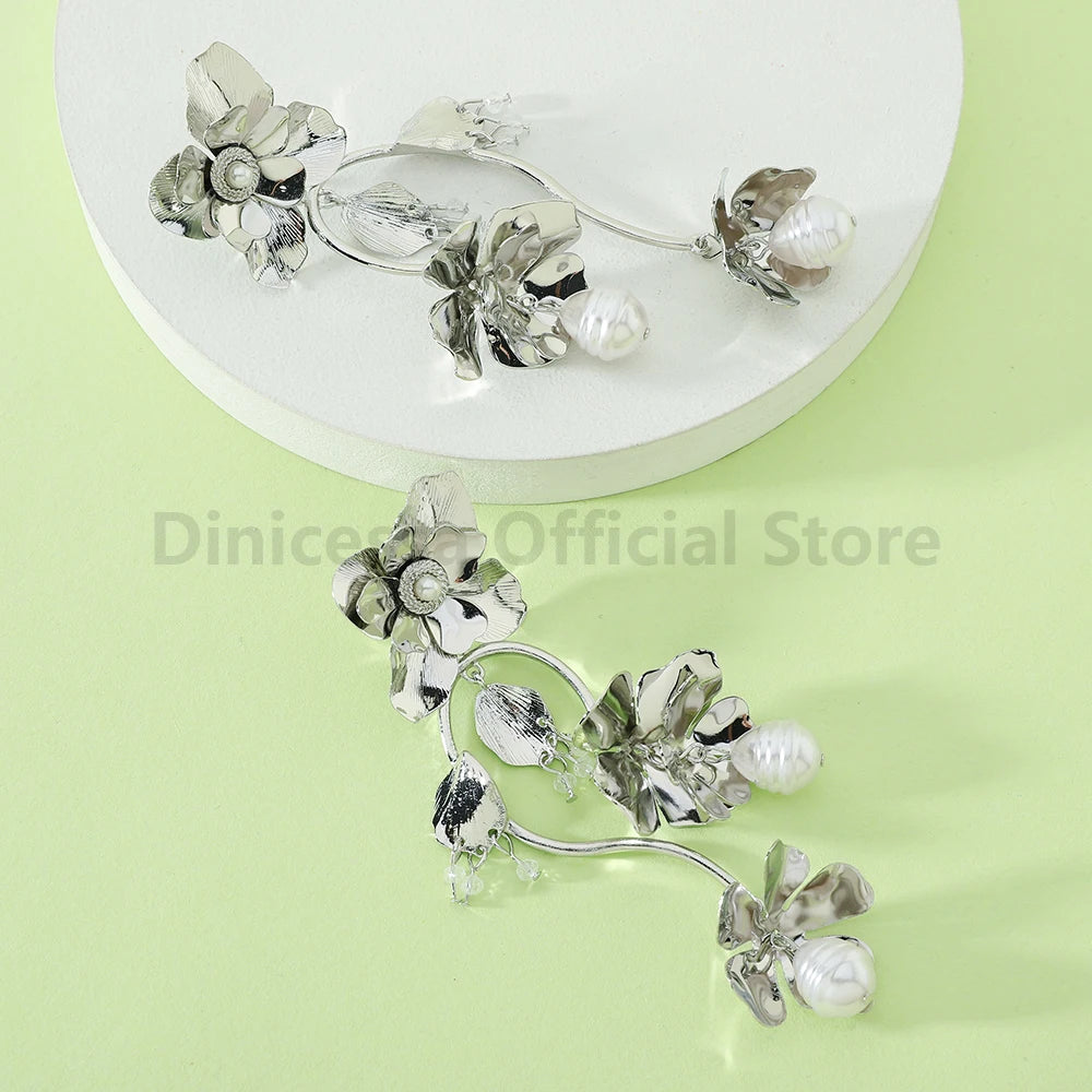 Gold Color Flower &amp; Pearl Dangle Earrings - Fanci Goddess