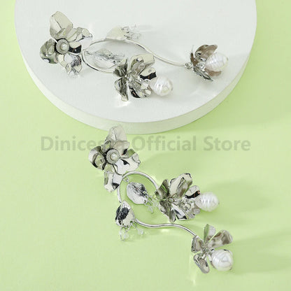 Gold Color Flower &amp; Pearl Dangle Earrings - Fanci Goddess