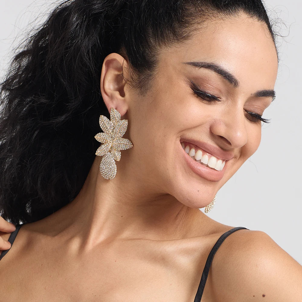 Stainless steel Gold Metal Flower Crystals Earrings - Fanci Goddess