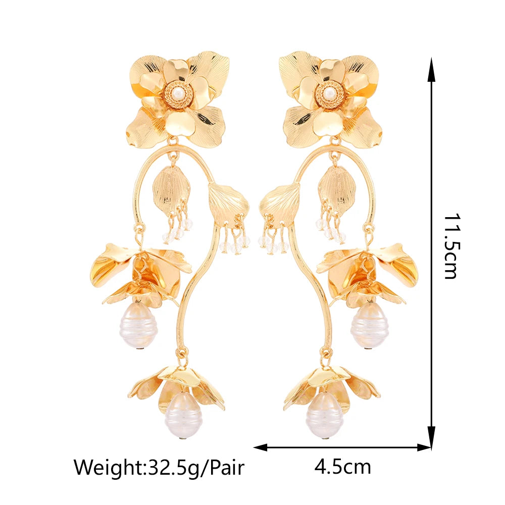 Gold Color Flower &amp; Pearl Dangle Earrings - Fanci Goddess
