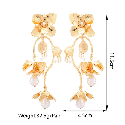 Gold Color Flower &amp; Pearl Dangle Earrings - Fanci Goddess