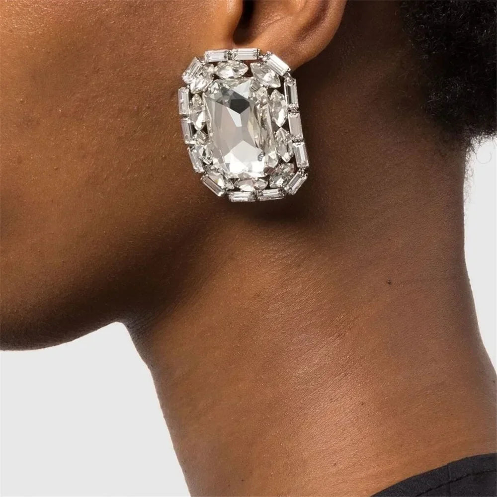 Clip on Elegant Imitation Gemstone Crystal Square Ear Stud Earrings