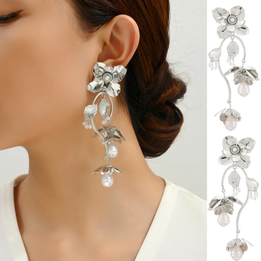 Gold Color Flower &amp; Pearl Dangle Earrings - Fanci Goddess