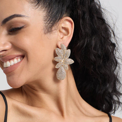 Stainless steel Gold Metal Flower Crystals Earrings - Fanci Goddess